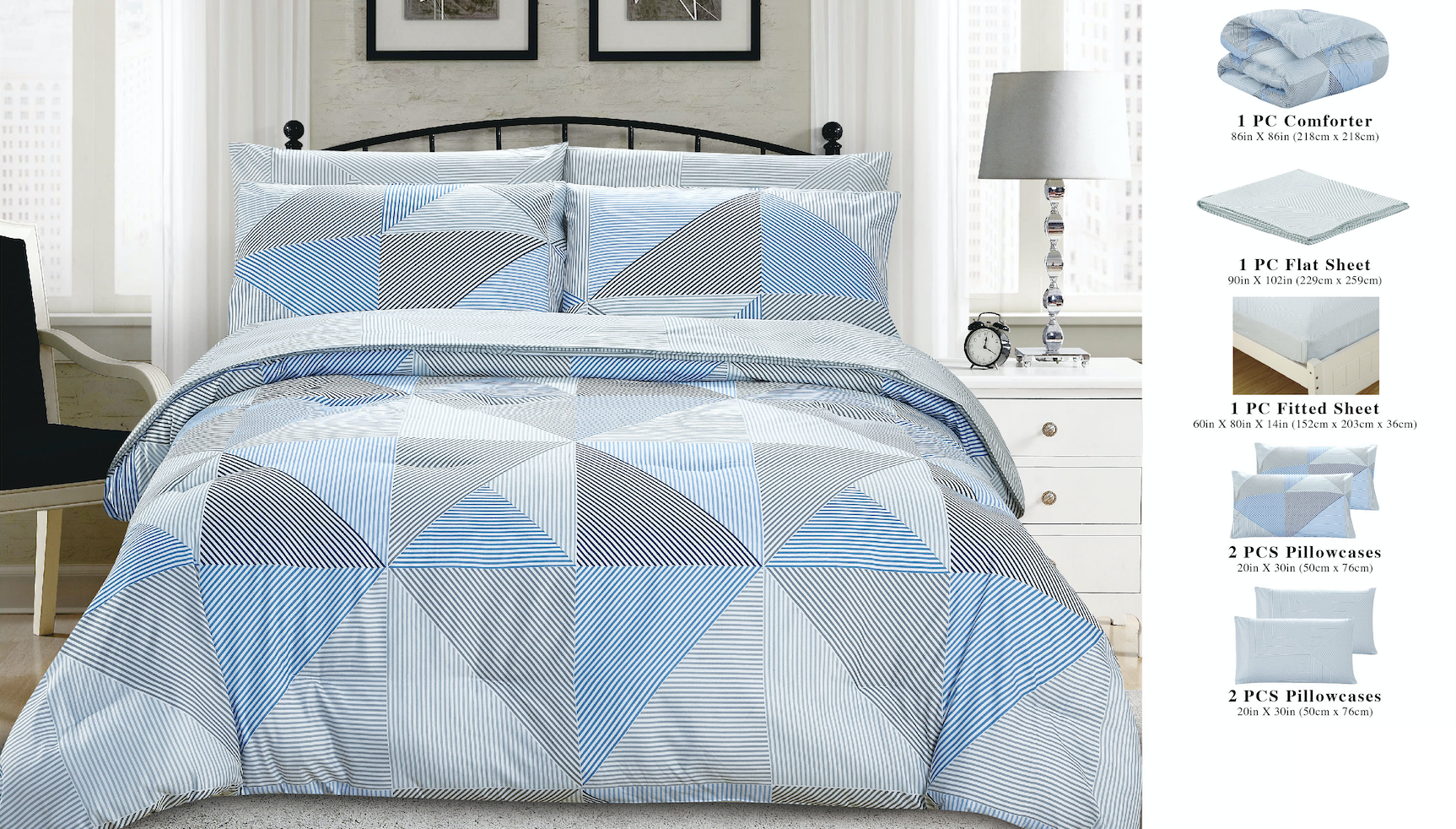 7 Piece Bed-In-A-Bag Reversible Bedding Set - Blue Diamond | Soft, stylish, and complete comforter set with decorative pillows for a cozy bedroom