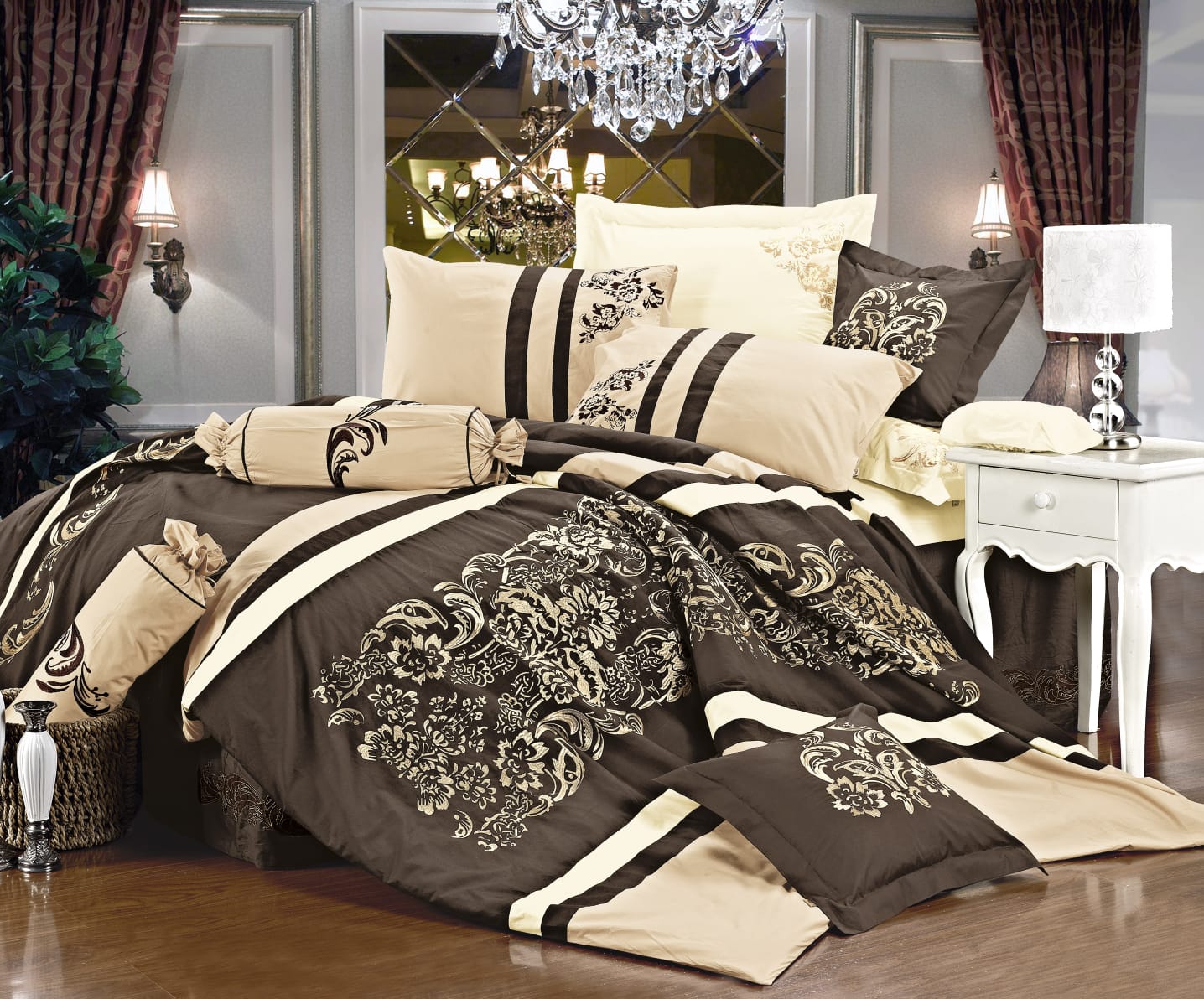 Imperial 9 Piece Embroidered Comforter Set In Beige/Brown – Elegant embroidered bedding with complete set for King and Queen sizes, soft, cozy, and machine washable.