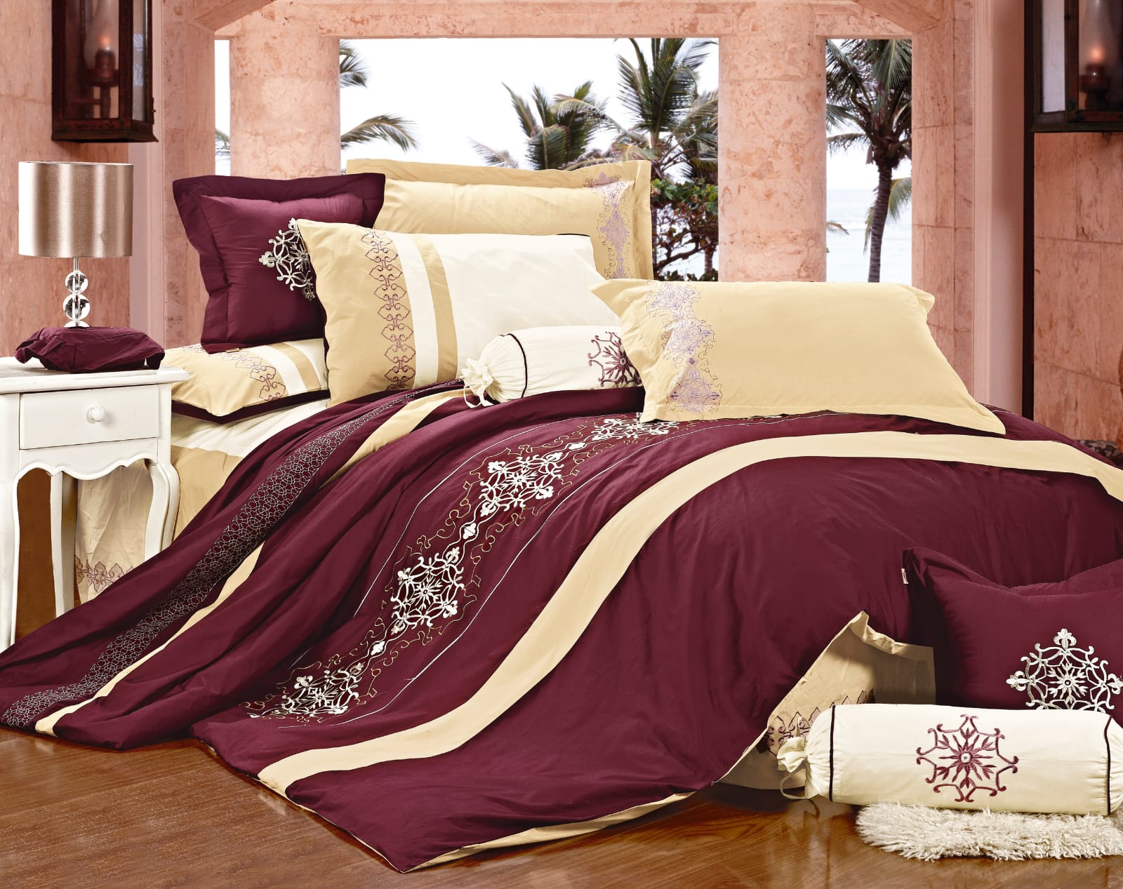 Imperial 9 Piece Embroidered Comforter Set In Beige/Red – Elegant embroidered bedding with complete set for King and Queen sizes, soft, cozy, and machine washable.