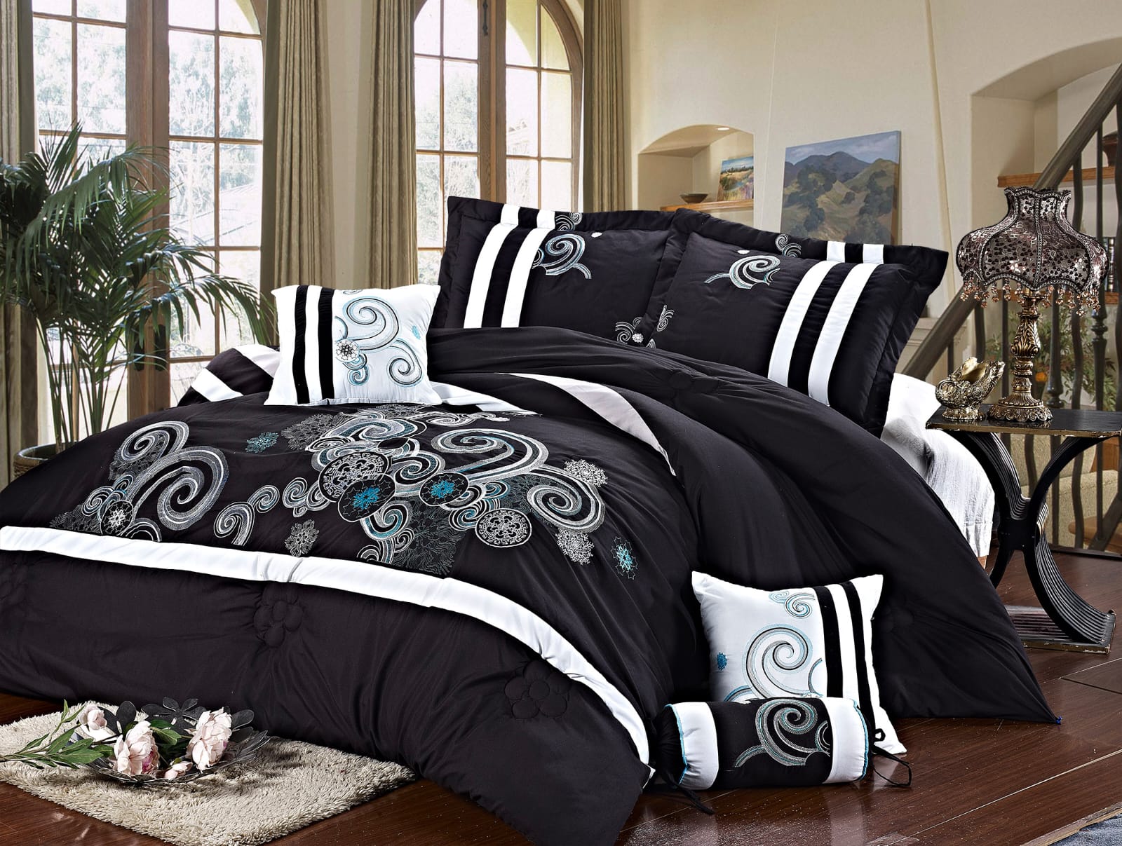 Imperial 9 Piece Embroidered Comforter Set In Black – Elegant embroidered bedding with complete set for King and Queen sizes, soft, cozy, and machine washable.