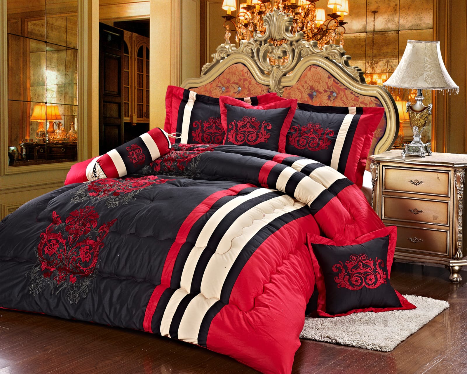 Imperial 9 Piece Embroidered Comforter Set In Black/Red – Elegant embroidered bedding with complete set for King and Queen sizes, soft, cozy, and machine washable.