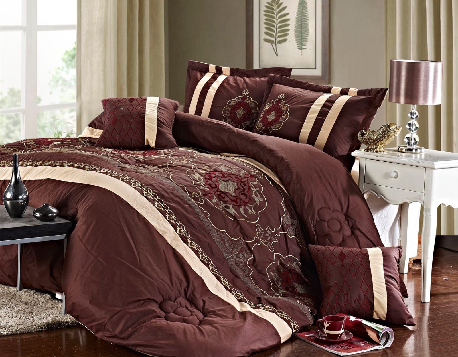 Imperial 9 Piece Embroidered Comforter Set In Brown – Elegant embroidered bedding with complete set for King and Queen sizes, soft, cozy, and machine washable.