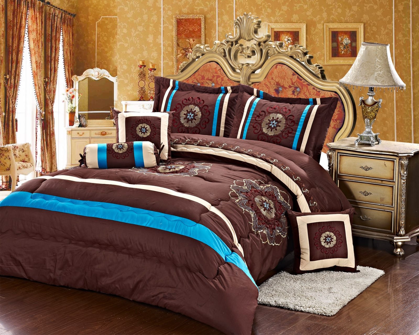 Imperial 9 Piece Embroidered Comforter Set In Brown/Blue– Elegant embroidered bedding with complete set for King and Queen sizes, soft, cozy, and machine washable.