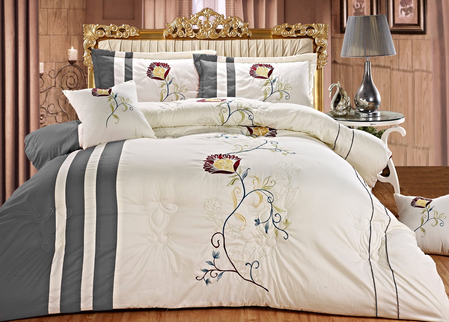 Imperial 9 Piece Embroidered Comforter Set In Cream/White – Elegant embroidered bedding with complete set for King and Queen sizes, soft, cozy, and machine washable.