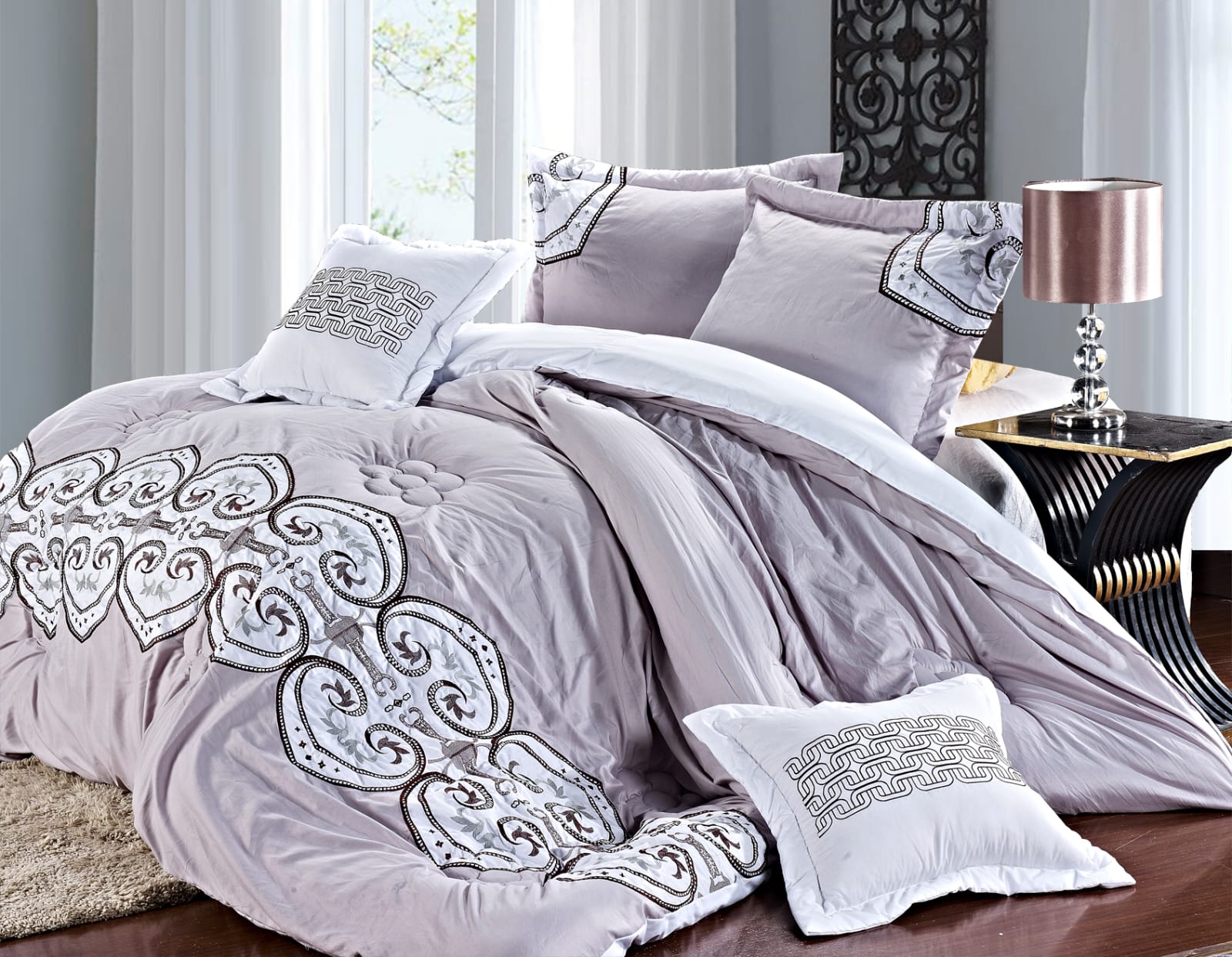 Imperial 9 Piece Embroidered Comforter Set In Gray – Elegant embroidered bedding with complete set for King and Queen sizes, soft, cozy, and machine washable.