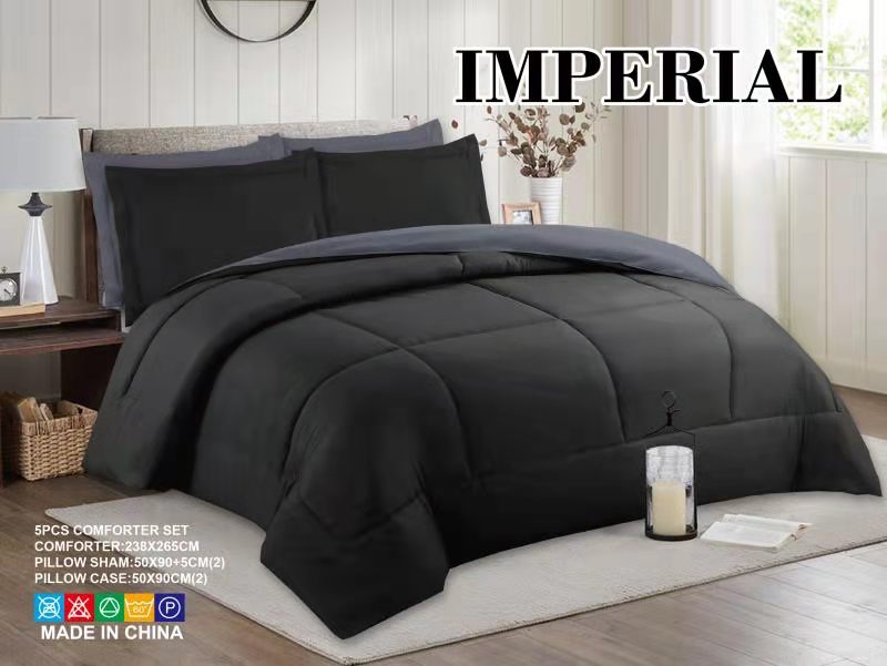 Reversible 5PC Comforter Set - Black/Gray, soft microfiber bedding with pillow shams and pillowcases