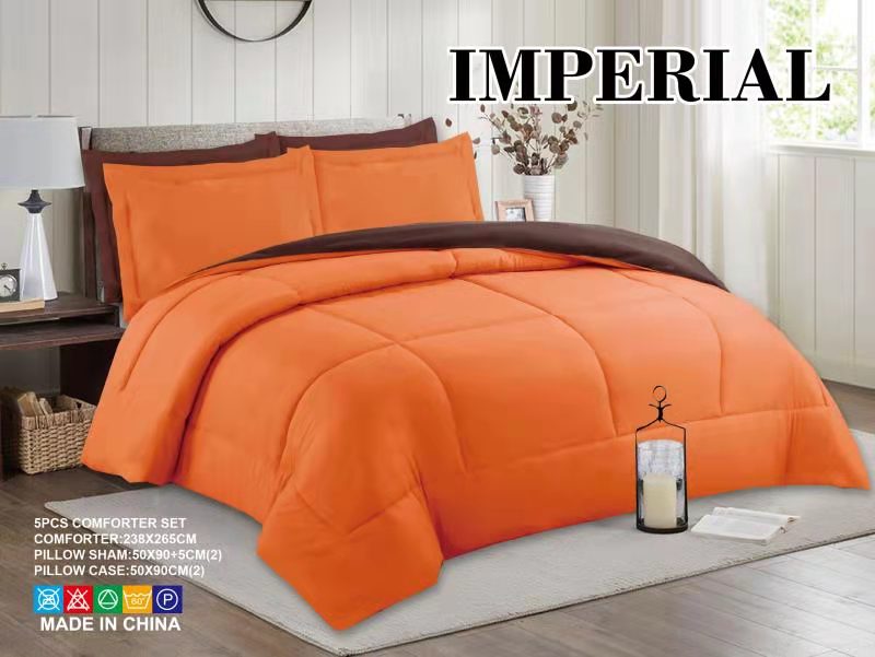 Reversible 5PC Comforter Set - Brown/Orange, soft microfiber bedding with pillow shams and pillowcases