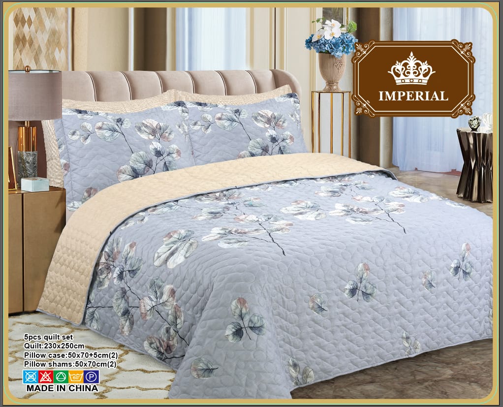 5-piece reversible printed quilt set with pillow shams and decorative covers – floral pattern, soft microfiber comfort.