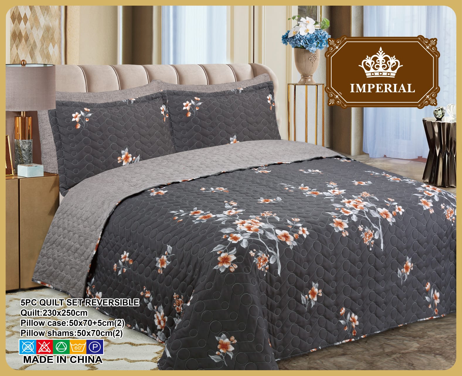 5-piece reversible printed quilt set with pillow shams and decorative covers – floral pattern, soft microfiber comfort.