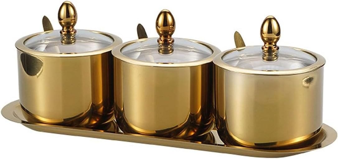 3PC 201 Stainless Steel Spice Jar Set with Tray - GOLD