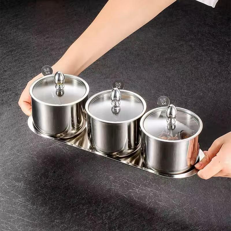 3PC 201 Stainless Steel Spice Jar Set with Tray - SILVER