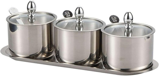 3PC 201 Stainless Steel Spice Jar Set with Tray - SILVER