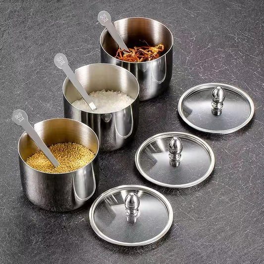 3PC 201 Stainless Steel Spice Jar Set with Tray - SILVER