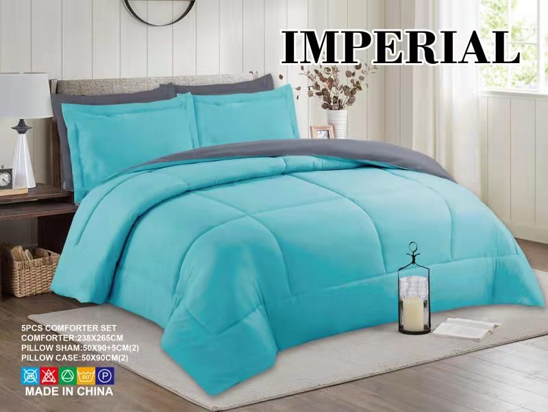 Reversible 5PC Comforter Set - Blue/Gray, soft microfiber bedding with pillow shams and pillowcases